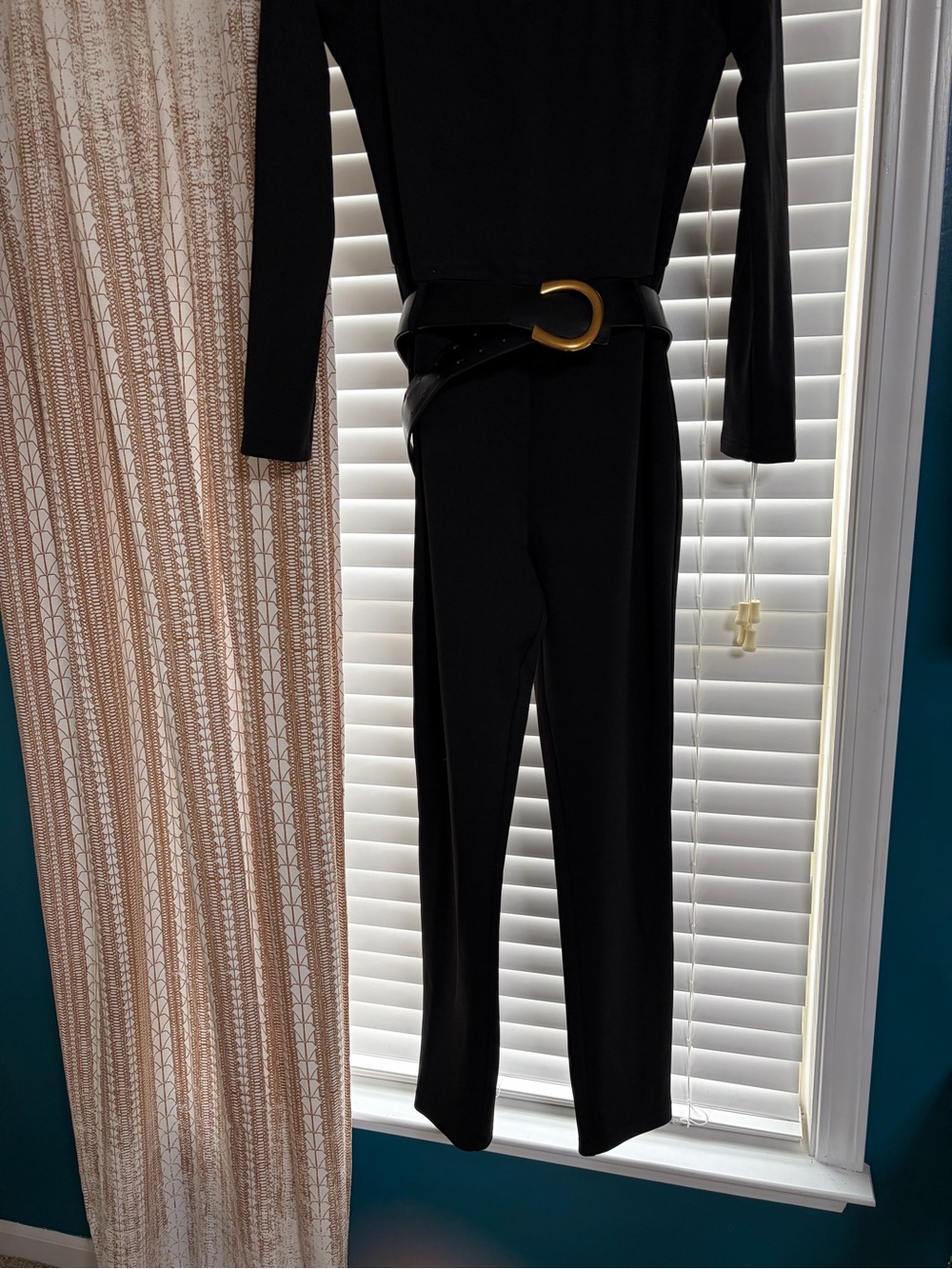 Fashion Nova Black Long-Sleeve Jumpsuit with Gold Buckle Belt